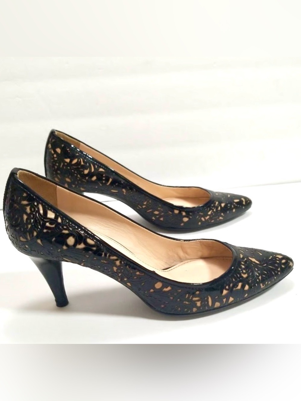 Prada Black Laser-Cut Leather Pointed Toe Heels